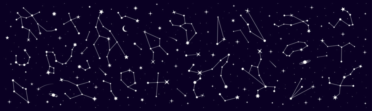 Border of star constellation for mystic astrology with night sky map, vector background. Zodiac signs in star constellations border with starry sky for mystic astrology, esoteric magic and horoscope