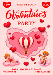 Obraz premium Paper cut Valentine day party flyer for love holiday invitation with hearts and cherub angels, vector poster. Valentine day entertainment party flyer with paper cut cupid angels on pink clouds