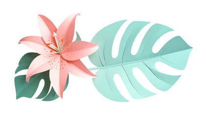 Delicate papercraft lily and tropical leaf with pastel colors against a transparent background
