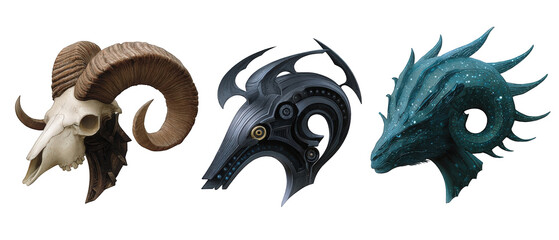 Three intricately designed animal skulls showcasing unique artistic styles against a plain background