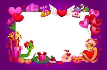 Naklejka premium Valentine day greeting card template with heart balloons and snakes, vector background. Valentine day or love holiday greeting card frame of hearts, wedding gifts and flowers with funny snakes in love