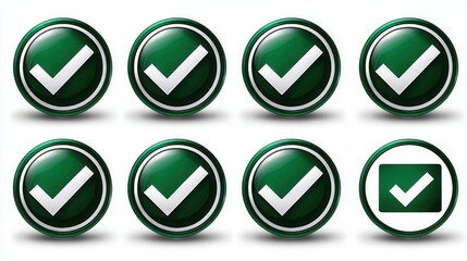 Set of sage green check marks in a circle icons, solid white background 
