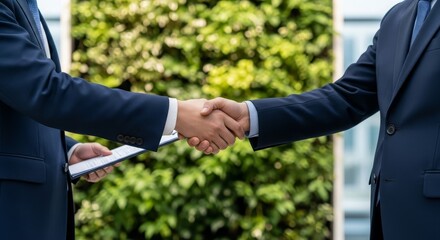 Two professional businessmen in navy blue suits shaking hands outdoors with contract documents completing successful business deal agreement in green corporate environment