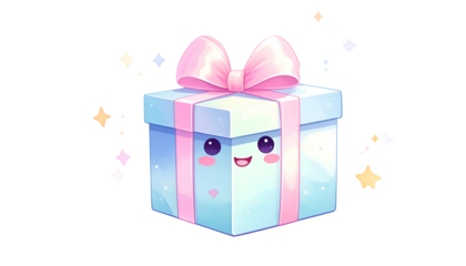 Cartoon gift box with smiling face, pink bow, pastel colors, and sparkling stars