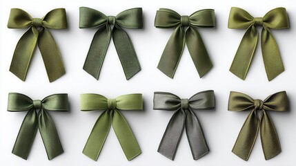 set of sage green ribbons, ties, solid white background  