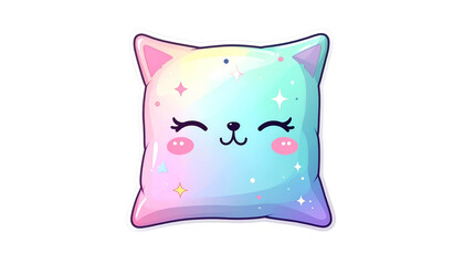 Cute pastel cat-shaped pillow with closed eyes, blush, and sparkles on a black background