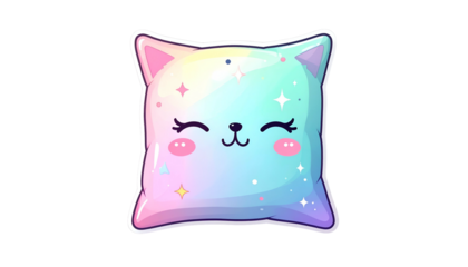 Cute pastel cat-shaped pillow with closed eyes, blush, and sparkles on a black background