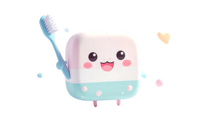 Adorable animated dental hygiene character, holding a toothbrush, smiling, with heart & bubbles