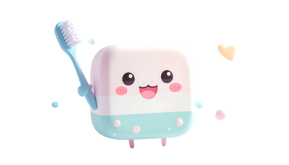 Adorable animated dental hygiene character, holding a toothbrush, smiling, with heart & bubbles