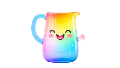 Cheerful, cartoon rainbow pitcher with a smiling face and a cute waving hand