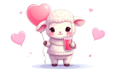 Adorable lamb holding a heart balloon & drink surrounded by floating pink hearts