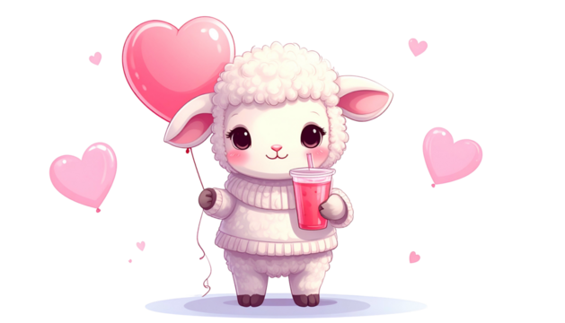 Adorable lamb holding a heart balloon & drink surrounded by floating pink hearts - Powered by Adobe