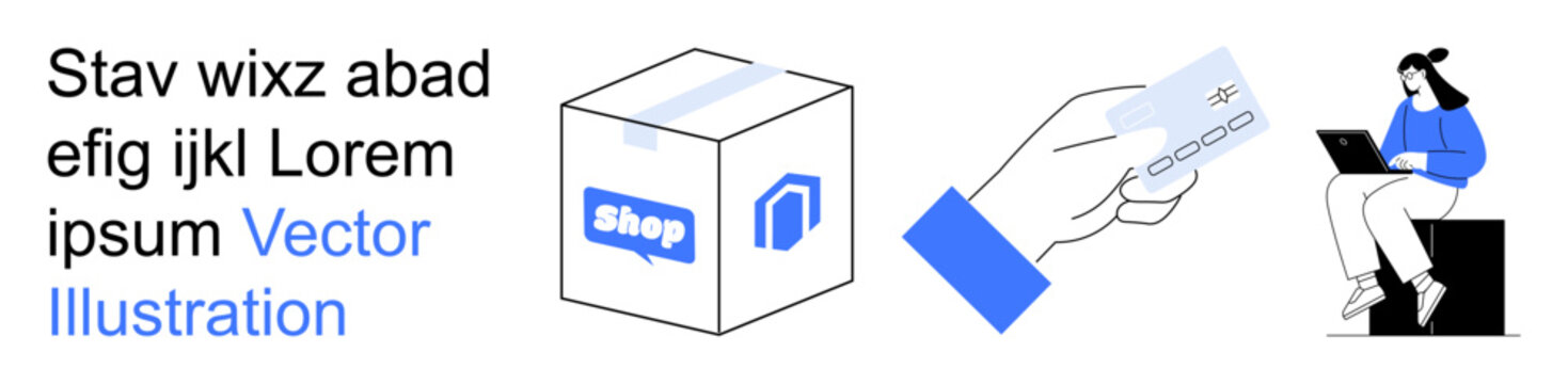 E-commerce, payment processing, delivery service, online retail, digital transactions, business. Box with shop logo, card payment person using a laptop. E-commerce and payment processing concept