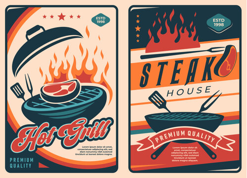 Retro bbq meat vector posters. Grill barbeque party invite of steak on charcoal grill with marbling placed on a round grill above fire flames, crossed spatula and fork. Vintage menu for restaurant