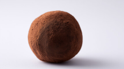 白い背景に置かれたココアパウダーをたっぷりと纏った丸く贅沢な一粒のショコラトリュフ