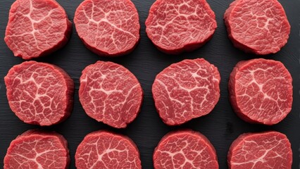 Raw beef filet mignon steaks with marbled fat arranged in rows on dark slate cutting board for premium cooking