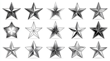 set of various group silver stars, icons solid white background 