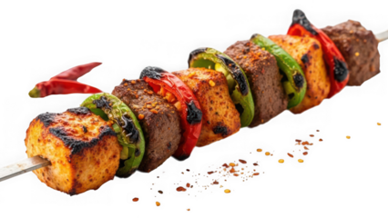 grilled meat and vegetable skewer with peppers and spices