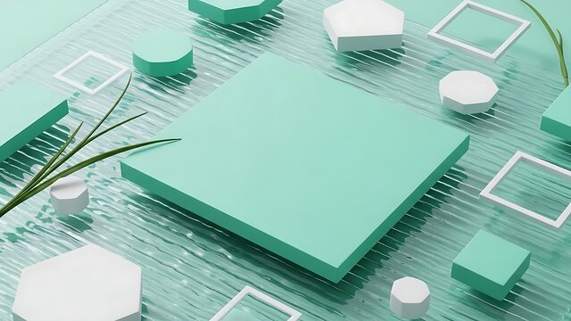 Main Subject: A collection of floating 3D geometric primitives, including cubes, spheres, and a pentagonal prism.