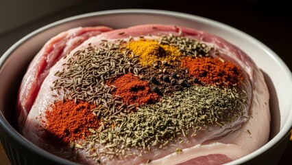 Raw pork meat marinated with colorful spices fennel seeds turmeric paprika herbs in white ceramic bowl preparation