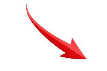 Red arrow curving downwards representing decline, financial loss, economic recession, and negative business trends on transparent background