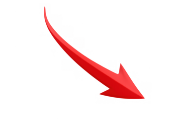 Red arrow curving downwards representing decline, financial loss, economic recession, and negative business trends on transparent background