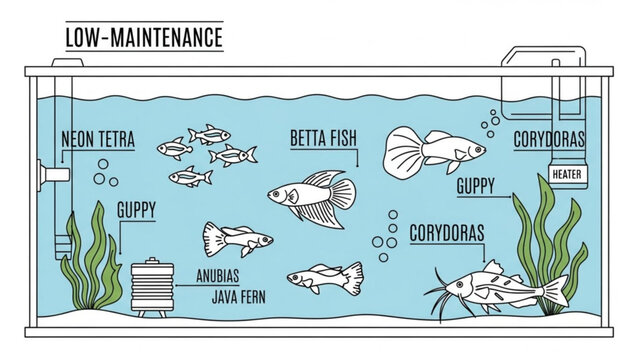 Low maintenance aquarium with various fish and plants including neon tetra, guppy, betta fish, corydoras, anubias and java fern in a freshwater