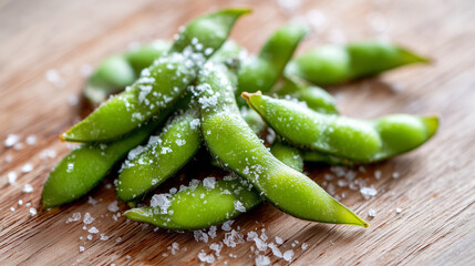 木の質感が美しいテーブルの上で大粒の塩をまぶした鮮やかな緑色が食欲をそそる茹でたての枝豆