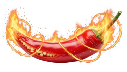 red chili pepper on fire with flames swirling around it