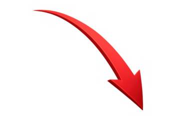Red curved arrow pointing down indicating decline, loss, decrease, negative trend, falling stock market or economic recession