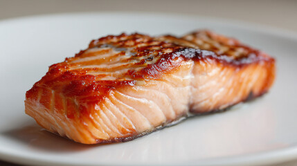 食欲をそそる艶やかな照りと香ばしい焦げ目が特徴的な白い皿に盛られた厚切りサーモンの照り焼き