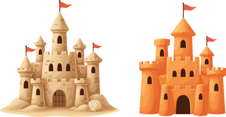 Vector illustration of detailed sandcastles with seashell isolated on white for beach travel and summer vacation themes. © PUTUL