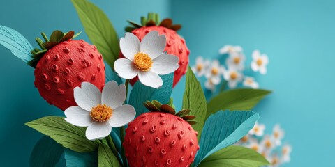 Vibrant Red Strawberries Surrounded by White Flowers and Green Leaves on Blue Background for Summer Theme and Fresh Produce Concept