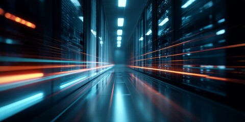 Futuristic Data Center with Abstract Light Trails and Server Racks Creating a Sense of Speed and Technology Progress in Digital Environment