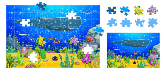Jigsaw puzzle game pieces of underwater landscape background with sea animals and seaweeds, vector worksheet. Kids jigsaw puzzle game with cartoon undersea funny whale cachalot and fish characters © Vector Tradition