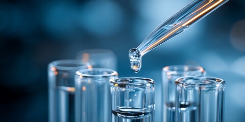 Close-Up of a Scientific Experiment with a Pipette Dropping Liquid into a Clear Test Tube on a Laboratory Background in Blue Tones
