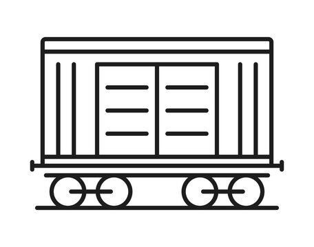 Railroad and railway train icon of freight car or cargo railcar, vector line symbol. Railroad shipping container wagon or railway freight boxcar and goods hopper carriage for logistics transport