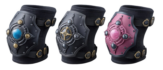 Three intricately designed arm guards showcasing unique colors and embellishments