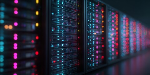 Modern Data Center with Colorful LED Lights and High-Tech Server Racks, Showcasing Storage and Processing Capabilities in a Digital Environment