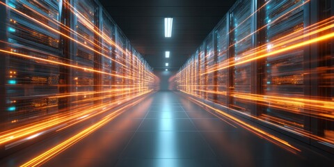 Futuristic Data Center Corridor with Blurred Motion Effect and Bright Lights Representing Speed and Data Flow in a Modern Computing Environment