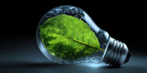 Eco-friendly light bulb with green leaf inside represents sustainability and innovative energy solutions for a cleaner planet with renewable resources