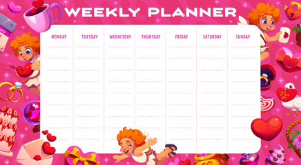 Fototapeta premium Weekly planner with cute Valentine cherubs, hearts and flowers, vector week schedule template. Weekly planner with cupid angels, wedding rings and cake with pink hearts for week schedule planner