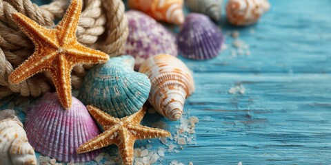Colorful Sea Shells and Starfish Arrangement on Blue Wooden Background with Natural Elements for Coastal and Beach Themed Projects