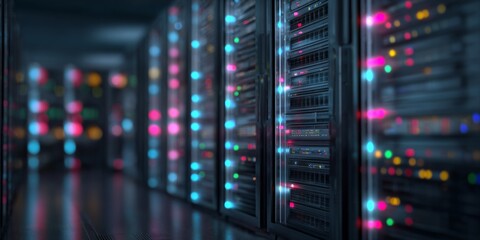 Abstract view of a modern data center with server racks, glowing lights, and high-tech equipment illustrating digital connectivity and technology infrastructure.