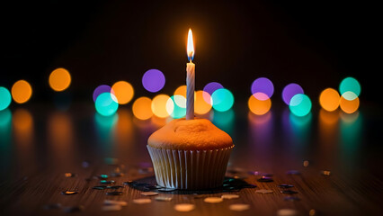 A cupcake with a lit candle on a festive surface surrounded by colorful bokeh lights at night