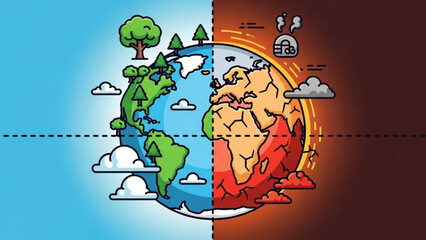 Split earth illustration showing green lush world versus dry climate change impact with global warming effects on environment with sustainability