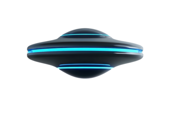 Sleek, dark gray UFO with blue light rings