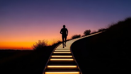 Silhouetted person climbing illuminated wooden stairs against vibrant purple orange sunset sky during golden hour twilight