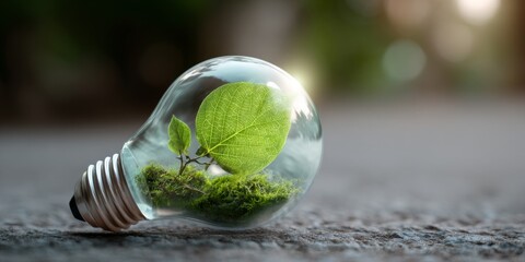 Light Bulb with Leaf and Moss Inside, Symbolizing Renewable Energy and Environmental Conservation on a Soft Focus Background