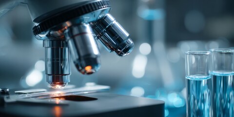 Close-up View of Advanced Microscope with Glass Test Tubes in Laboratory Setting, Perfect for Scientific Research and Educational Content